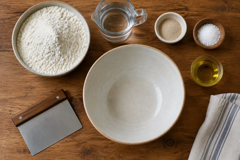 Assorted pizza dough ingredients and basic kitchen tools on a counter