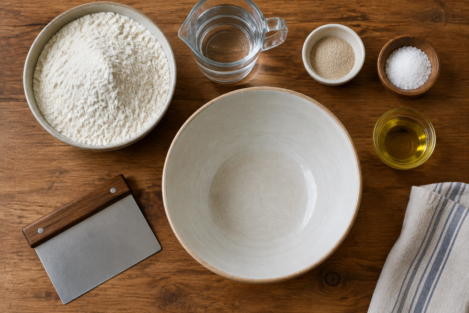 Assorted pizza dough ingredients and basic kitchen tools on a counter