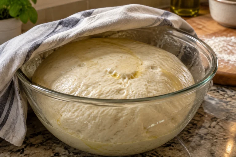 Bowl of pizza dough rising during proofing