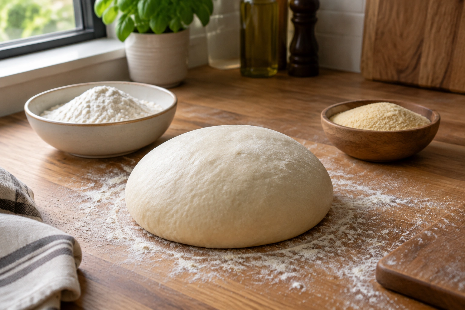 Clean work surface with a proofed pizza dough ball and light flour dusting