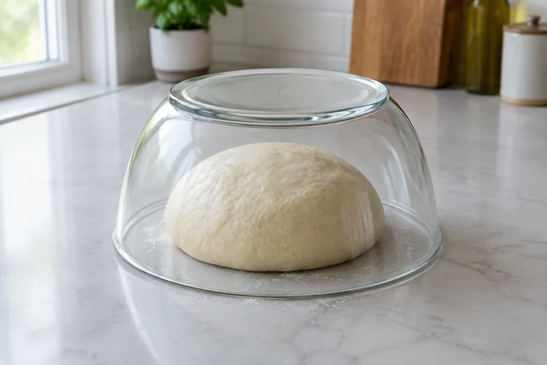 Dough ball resting under a bowl on a counter