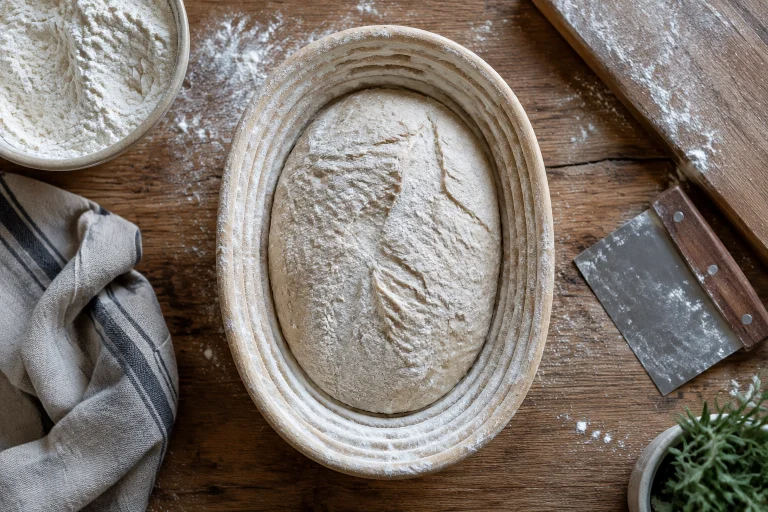 Proofed bread dough in a banneton before baking