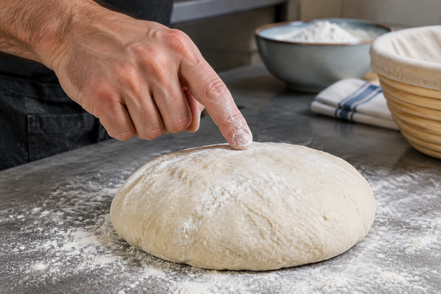 A lightly floured finger ready to test bread dough
