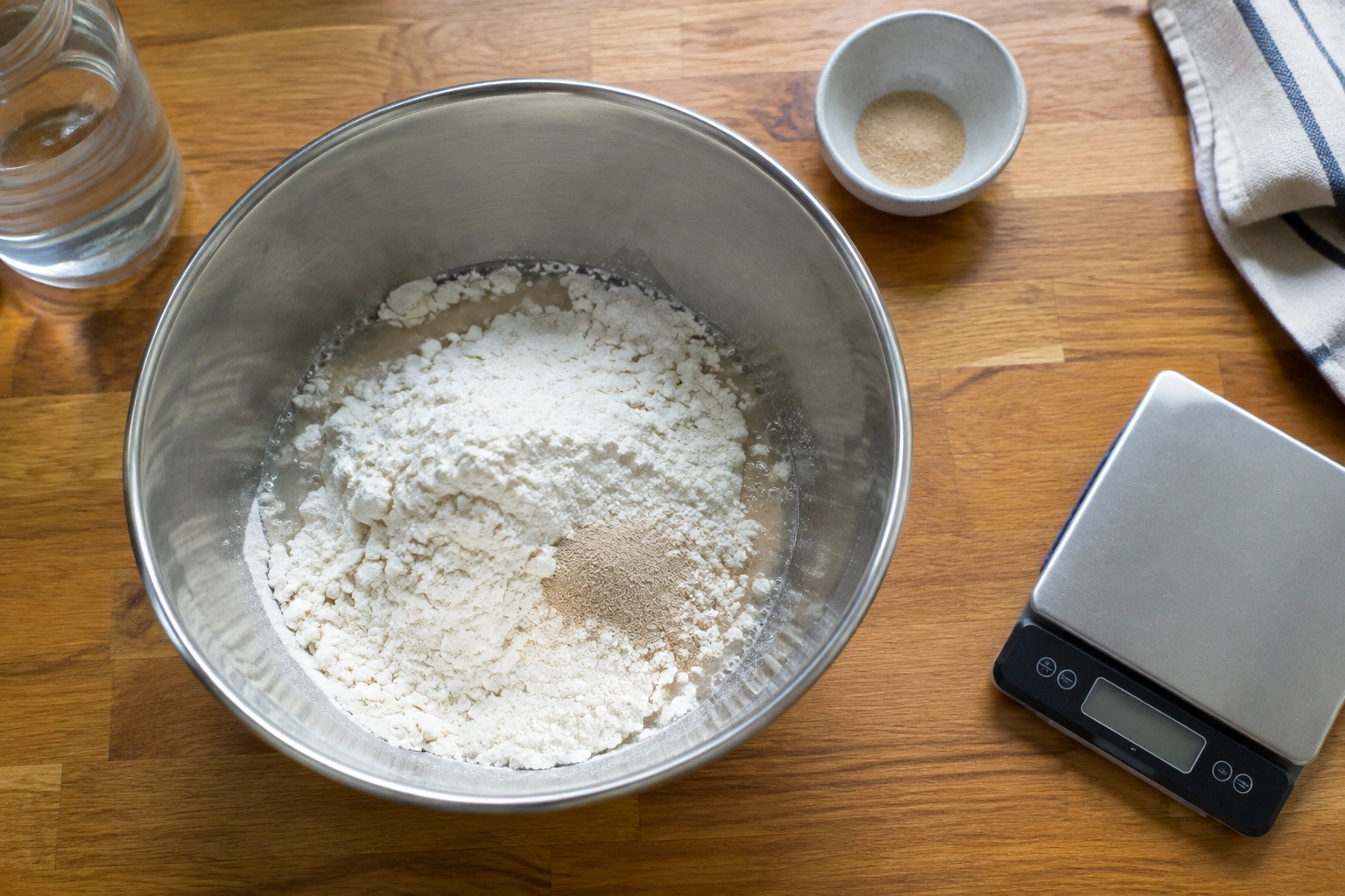 Bowl of poolish ingredients on a kitchen counter