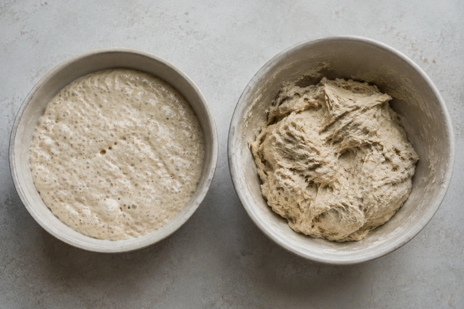 A bubbly loose poolish beside a stiff biga dough mass on a counter