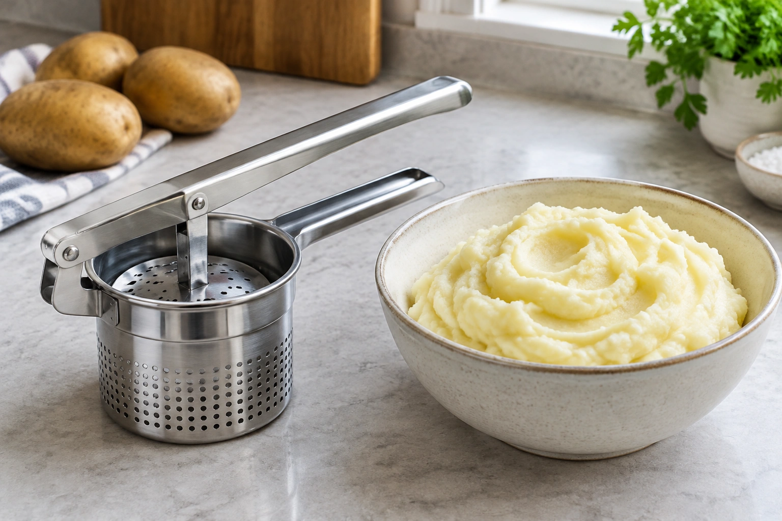 Stainless steel potato ricer beside a bowl of smooth mashed potatoes