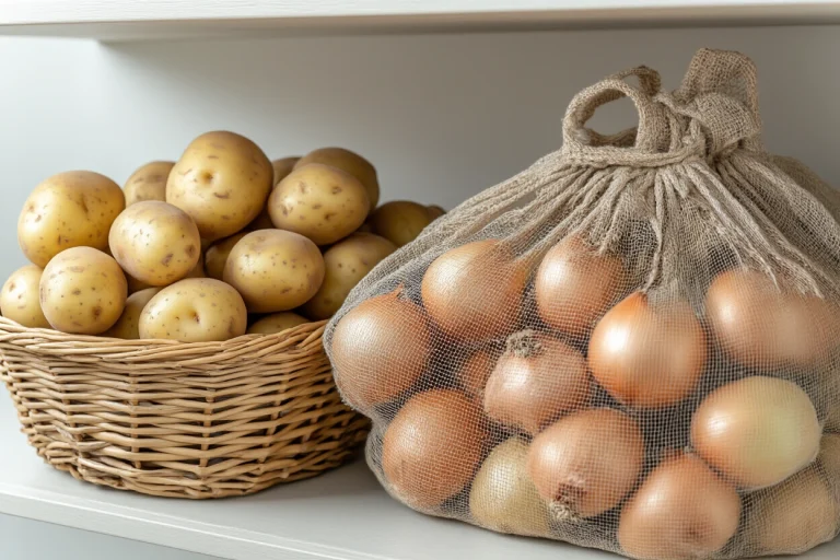 Open pantry shelf with potatoes in a basket and onions in a mesh bag