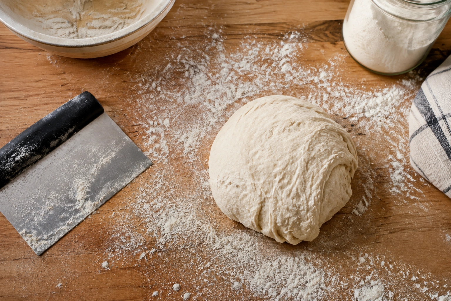 Bench scraper, lightly floured surface, and bread dough ready for pre-shaping