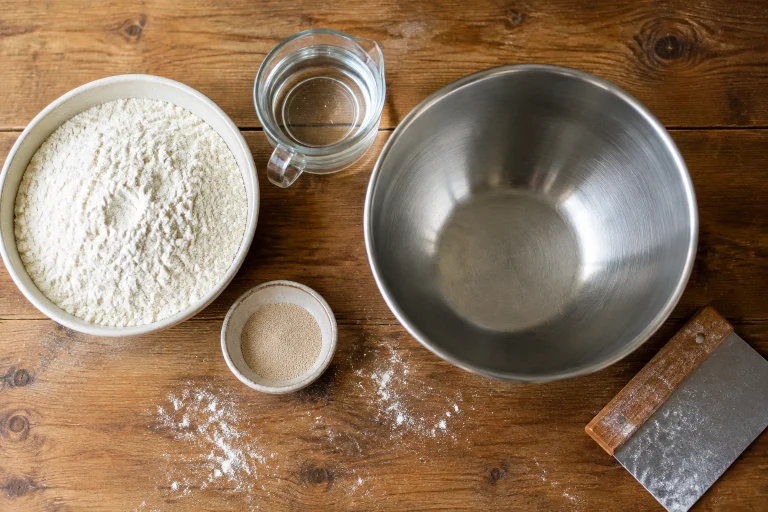 Flour, water, yeast, and a bowl arranged for bread preferment mixing