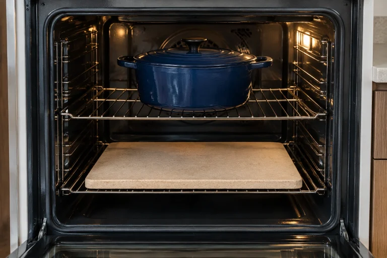 Baking stone and Dutch oven inside a preheating oven
