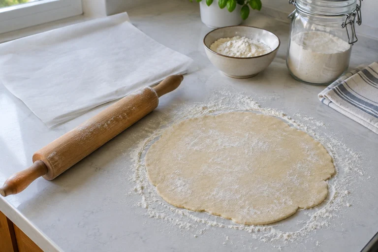 Clean rolling pin beside parchment paper and lightly floured dough on a counter