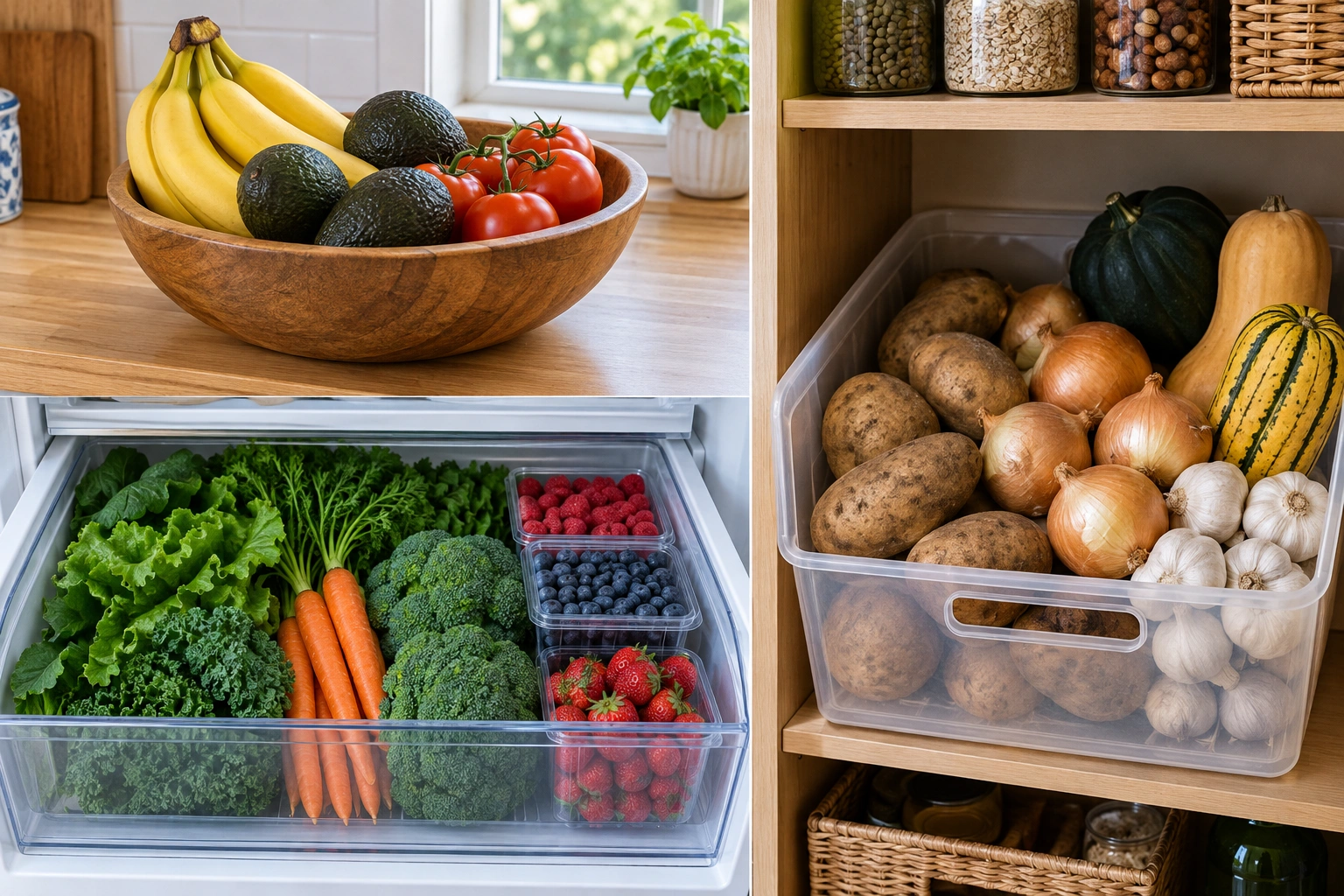 Organized kitchen produce storage zones with fruit on the counter, vegetables in the fridge, and pantry items in a dark bin