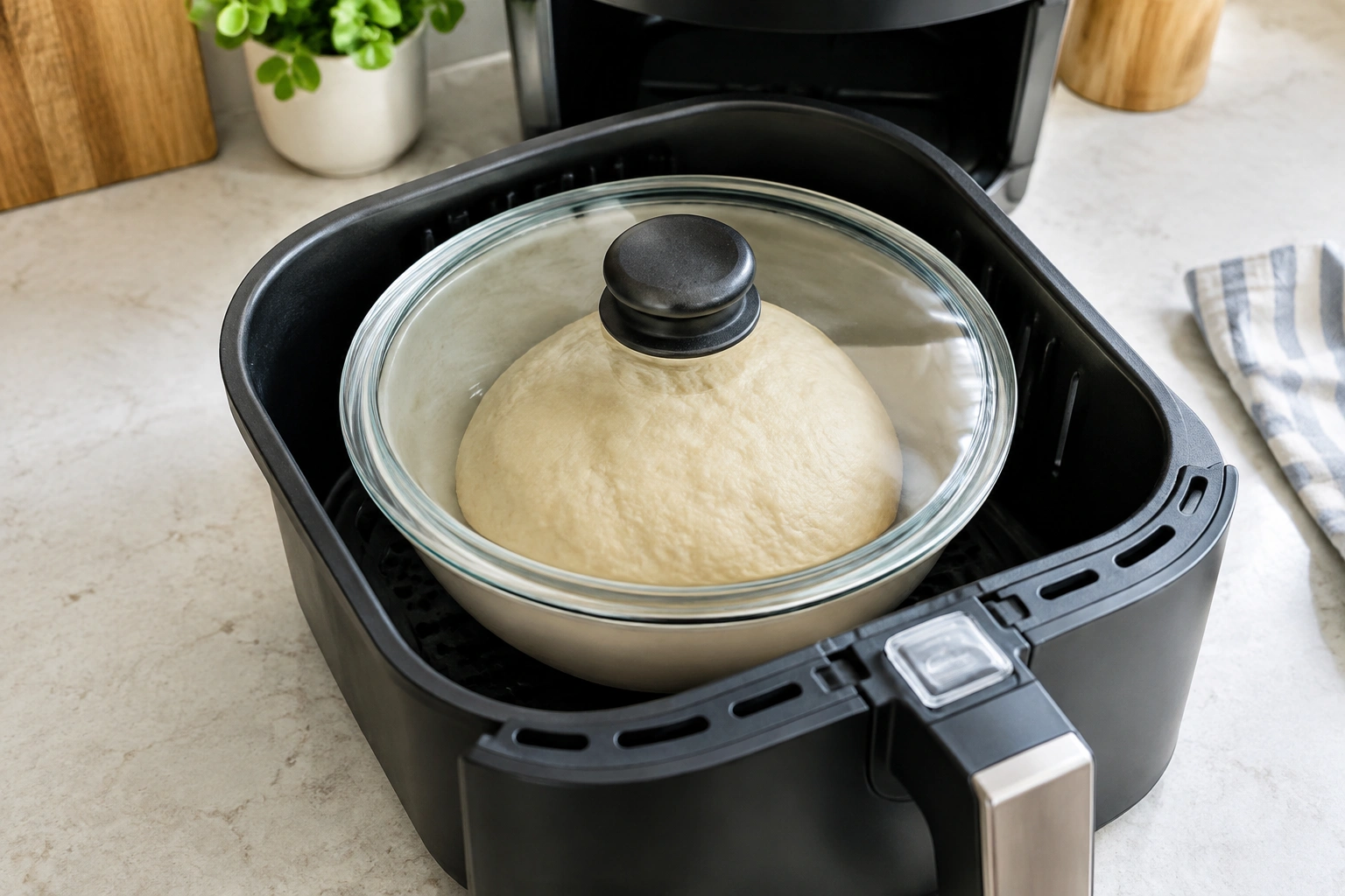 Covered bowl with bread dough inside an air fryer basket