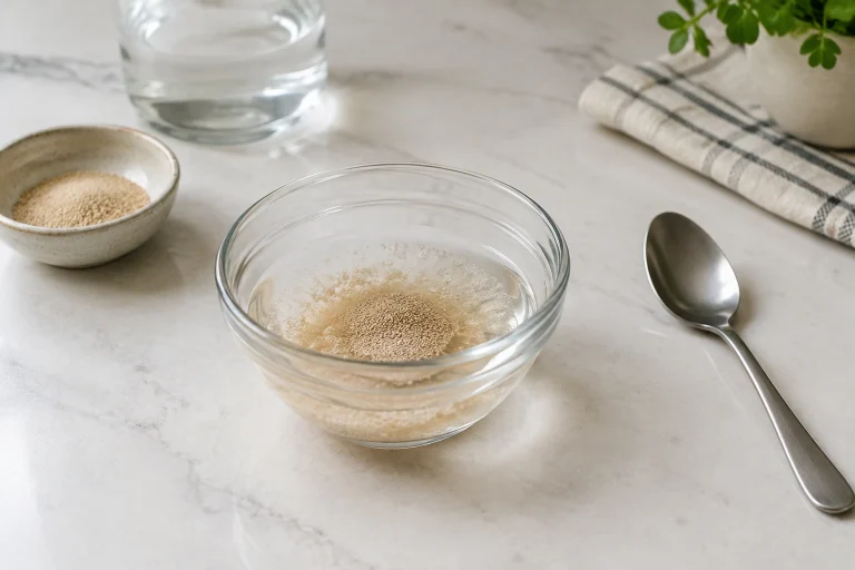 Small bowl with warm water, yeast, and sugar for a proofing test