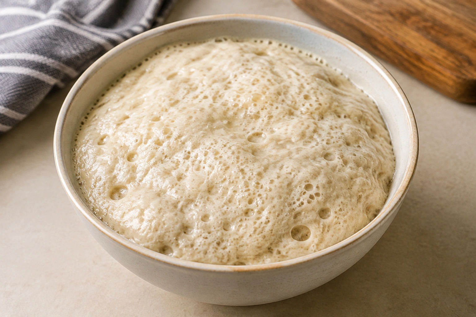 Bowl of proofed yeast with foamy surface and visible bubbles