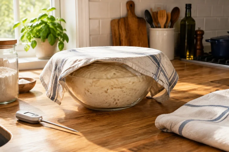 Covered bowl of bread dough resting in a warm kitchen setup
