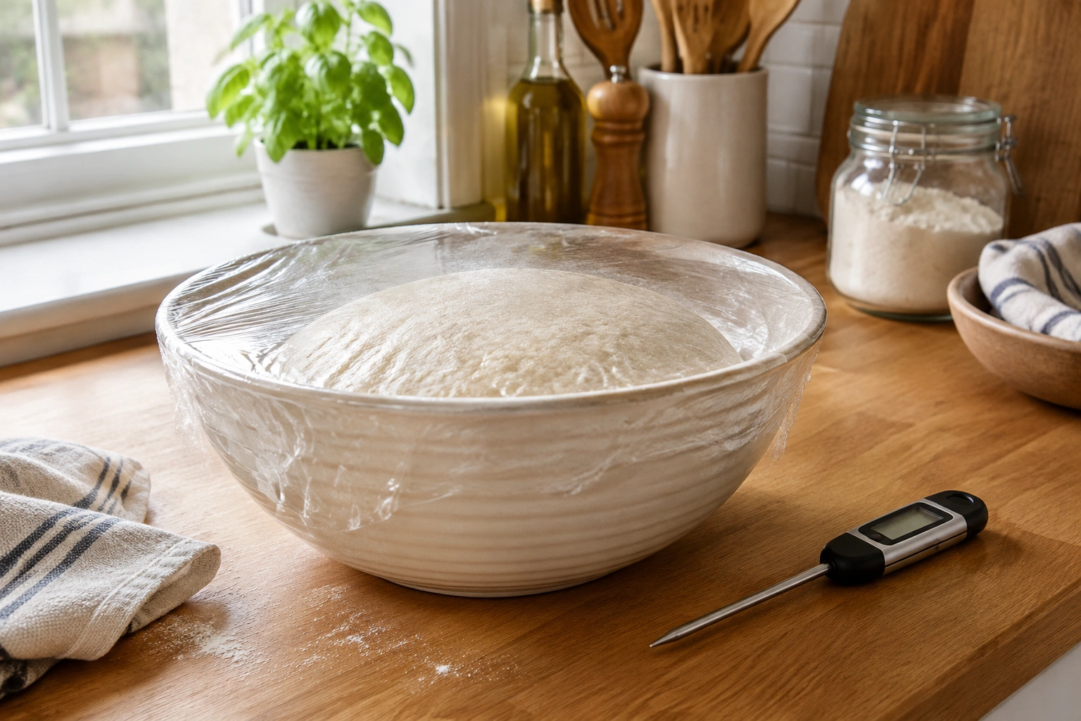 Covered bread dough with a thermometer in a home kitchen