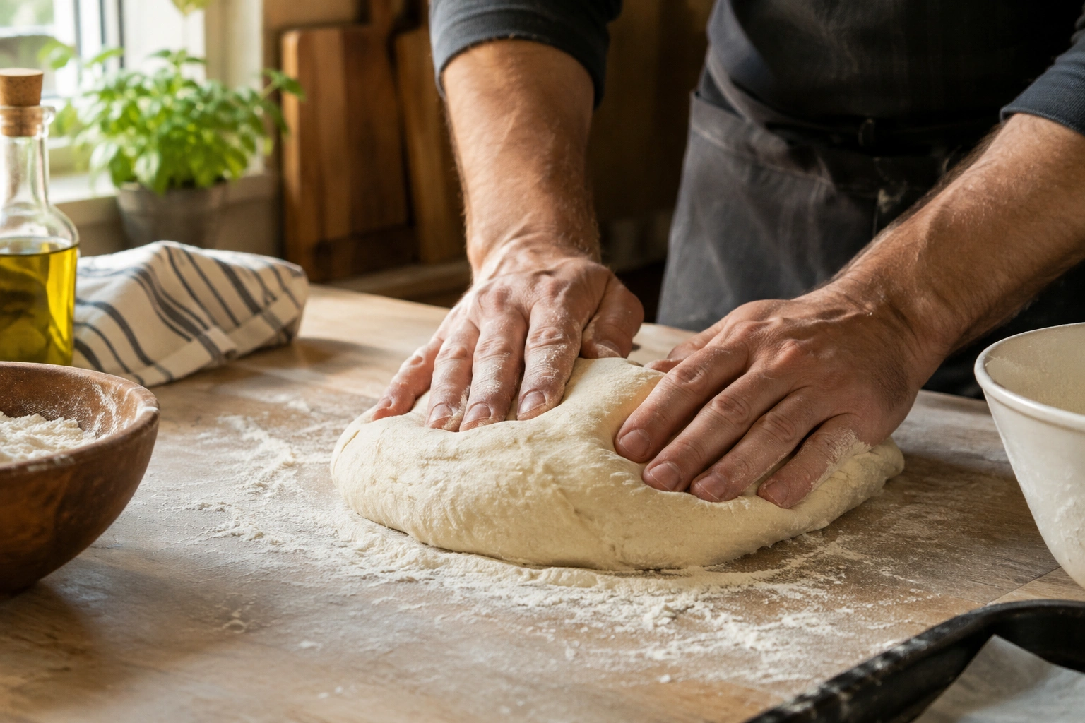 Hands gently deflating risen bread dough on a work surface