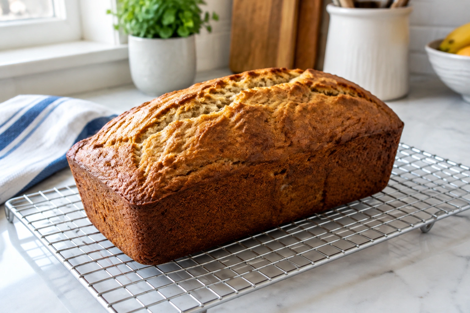 Golden-brown loaf of quick bread on a wire rack