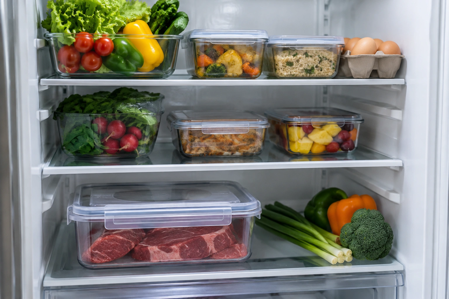 A leak-proof container of raw meat placed on the bottom shelf of a refrigerator below ready-to-eat foods