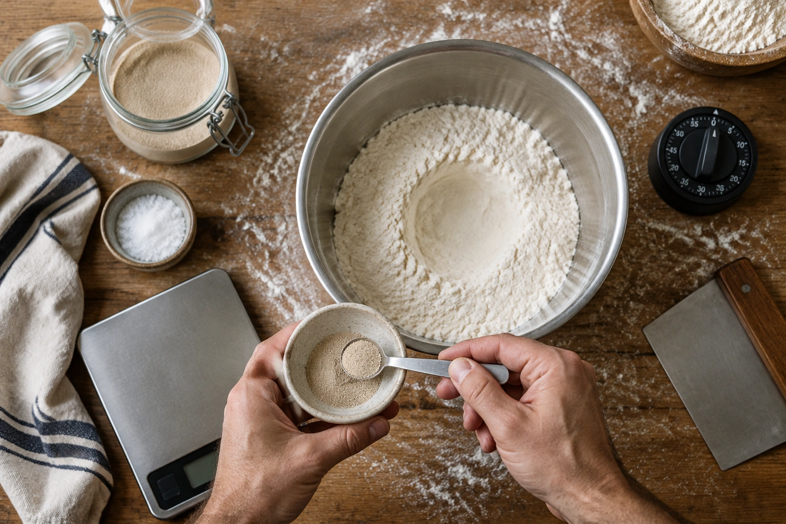 Measuring yeast beside a bowl of bread dough and a timer