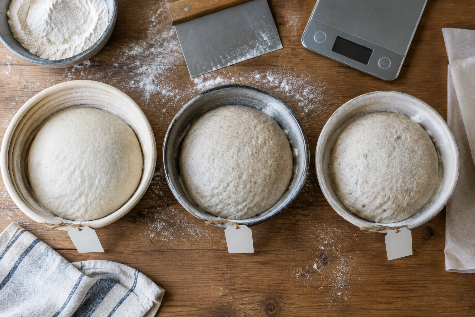 Assorted bread doughs in bowls with fermentation notes