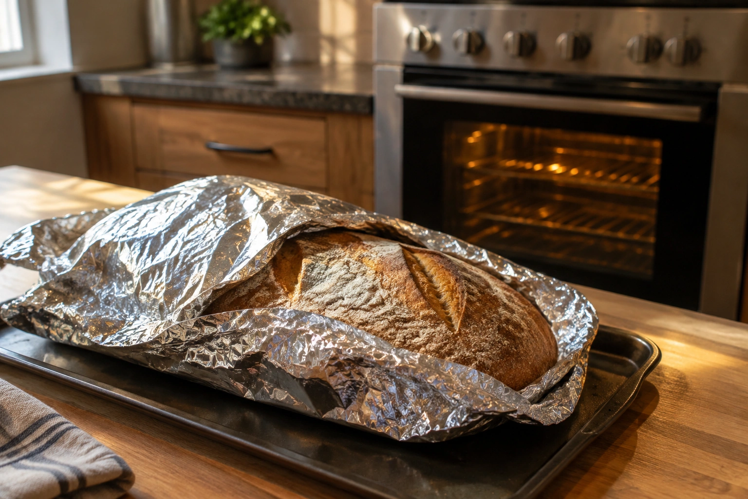 Baking tray with a lightly dampened loaf wrapped in foil