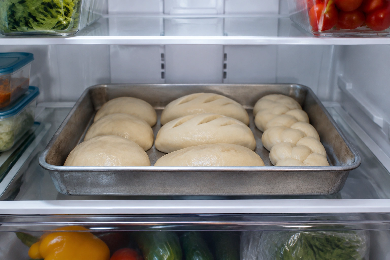 Shaped bread dough in a pan ready for refrigeration