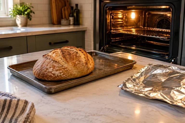 Bread loaf on a baking sheet with foil nearby for oven reheating
