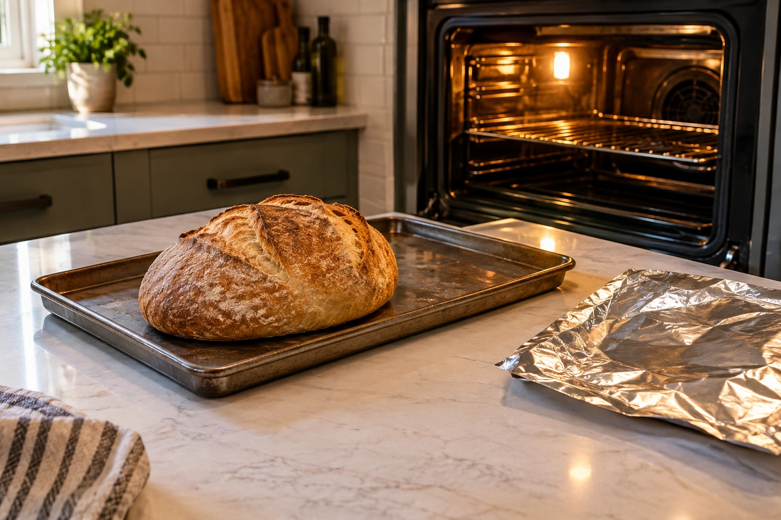 Bread loaf on a baking sheet with foil nearby for oven reheating