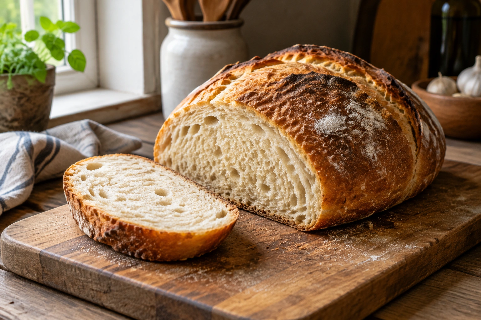 A loaf of warm homemade bread on a wooden board