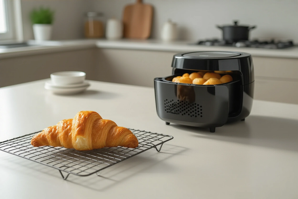 Croissant on a wire rack next to an air fryer basket