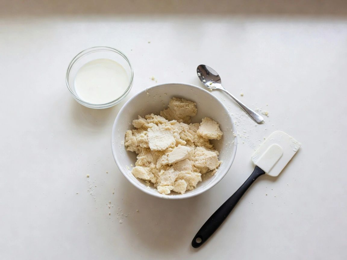 A baking workspace with cookie dough and a spoon beside a small bowl