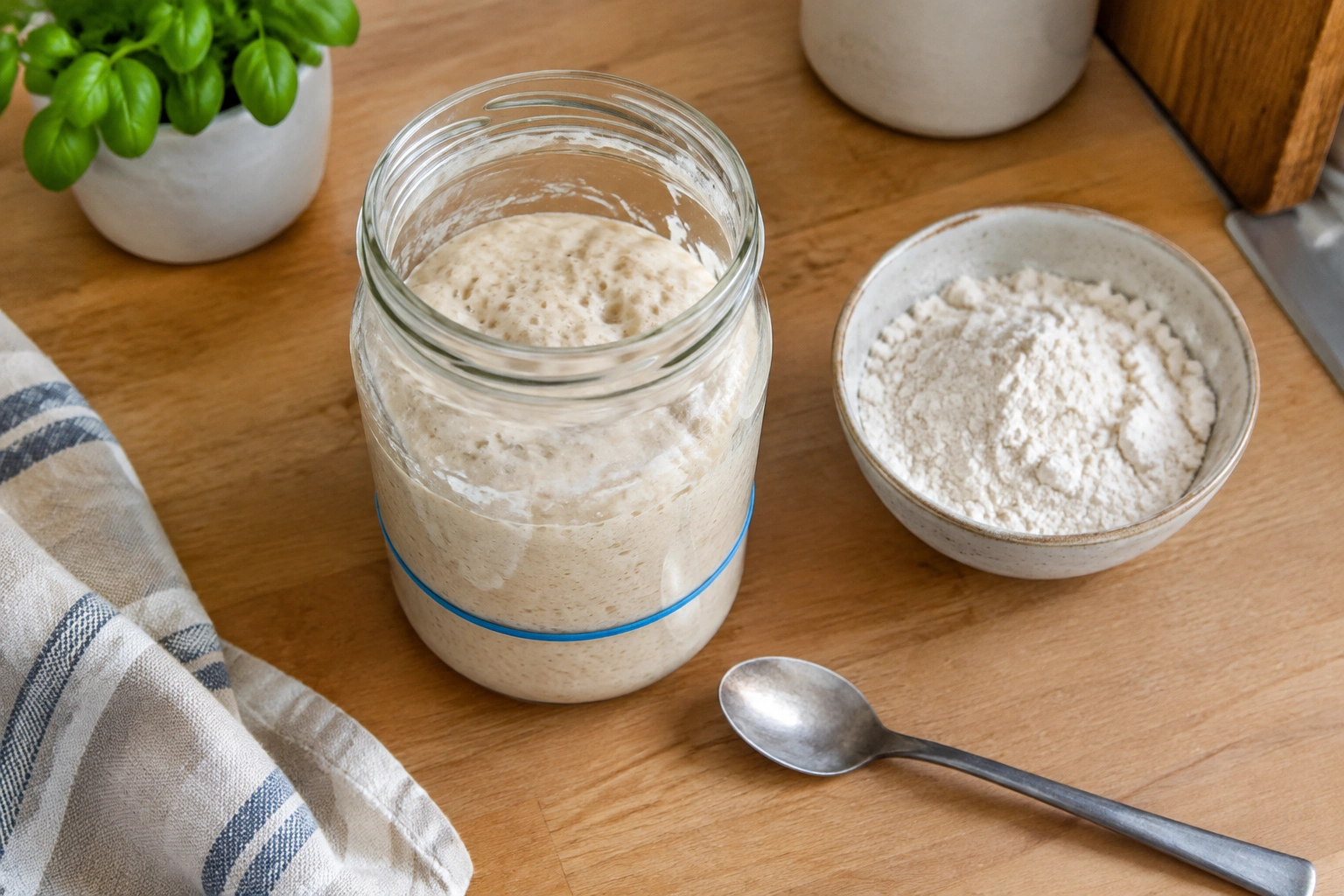 A glass jar of sourdough starter with a rubber band marker on a kitchen counter