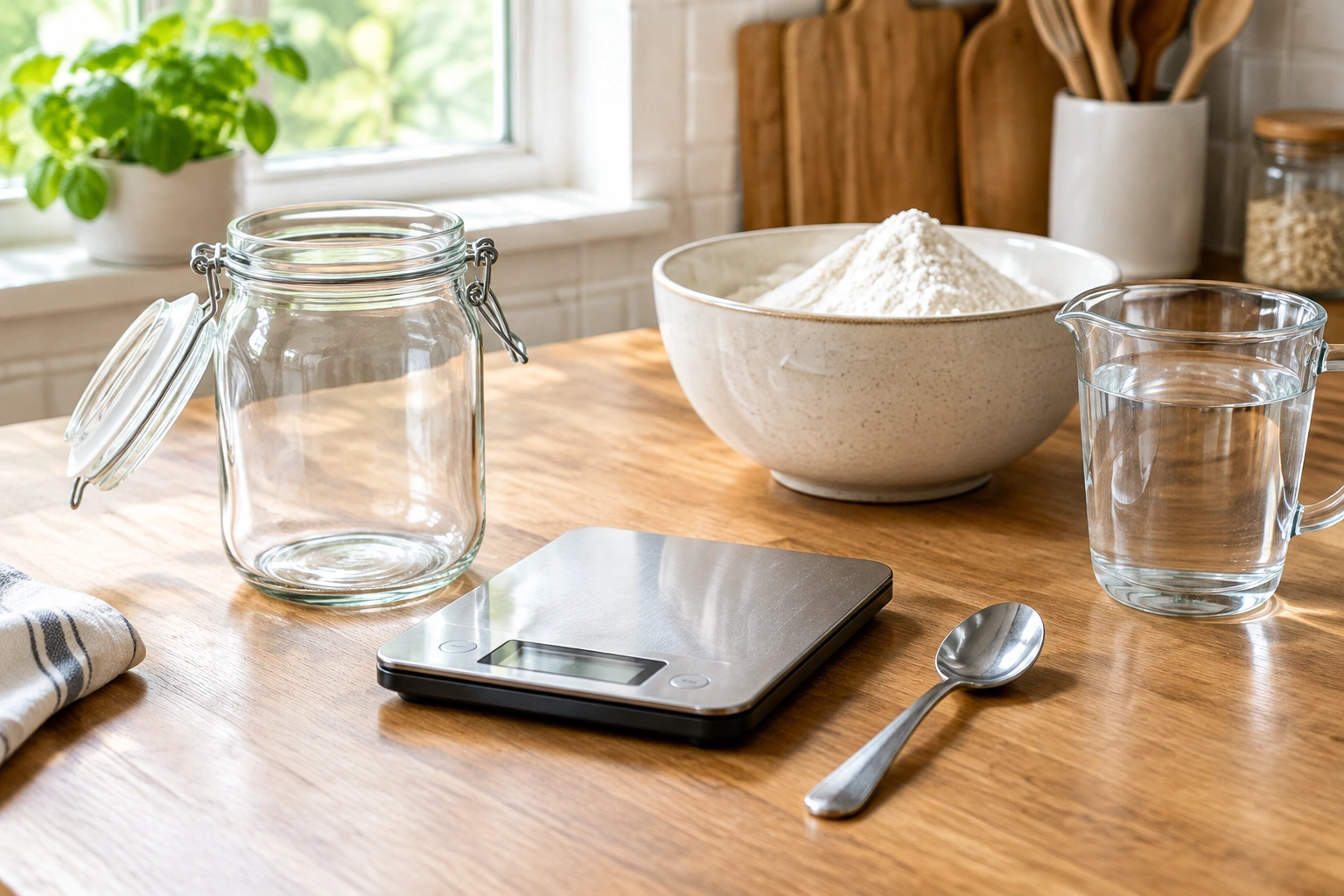 A clean kitchen jar beside flour and a scale for starter revival