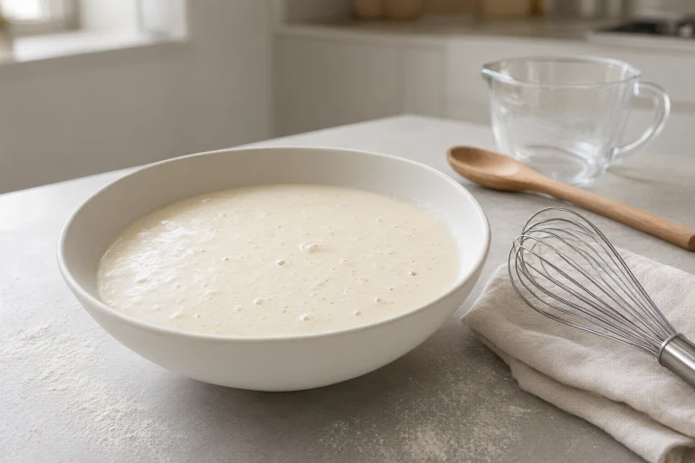 Bowl of rice flour batter with visible bubbles from leavening
