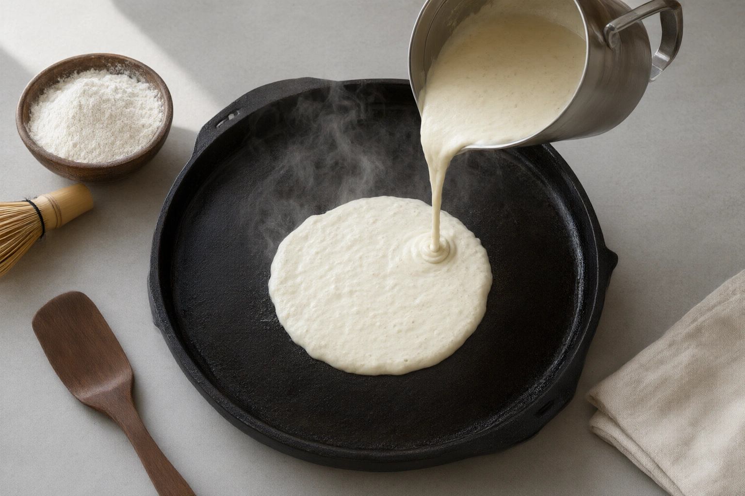 Rice flour pancake batter being poured onto a hot griddle