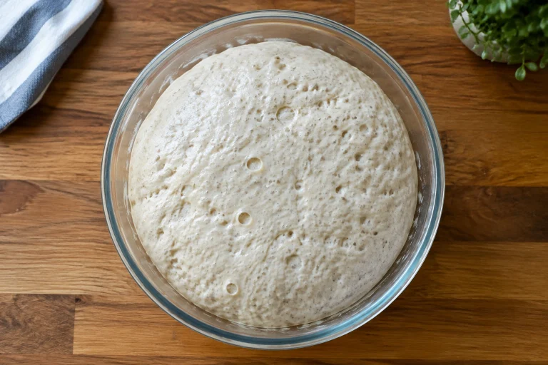 Bowl of ripe preferment with bubbles and domed surface