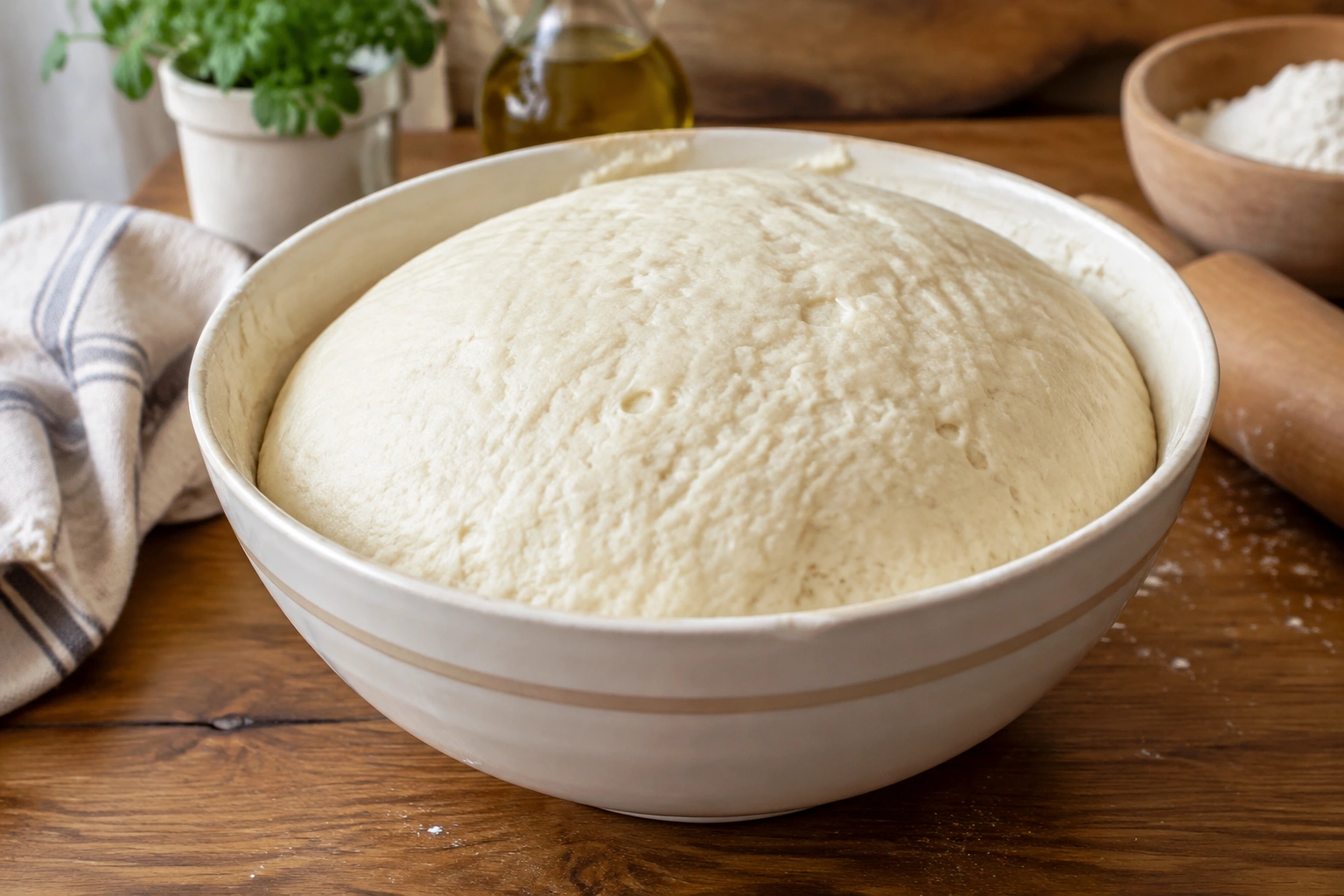 A bowl of risen bread dough with a domed surface