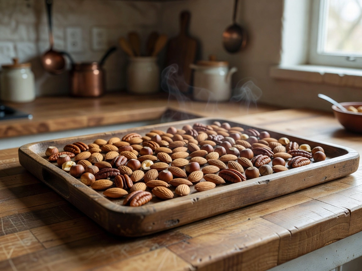 Roasted nuts spread out on a tray to cool