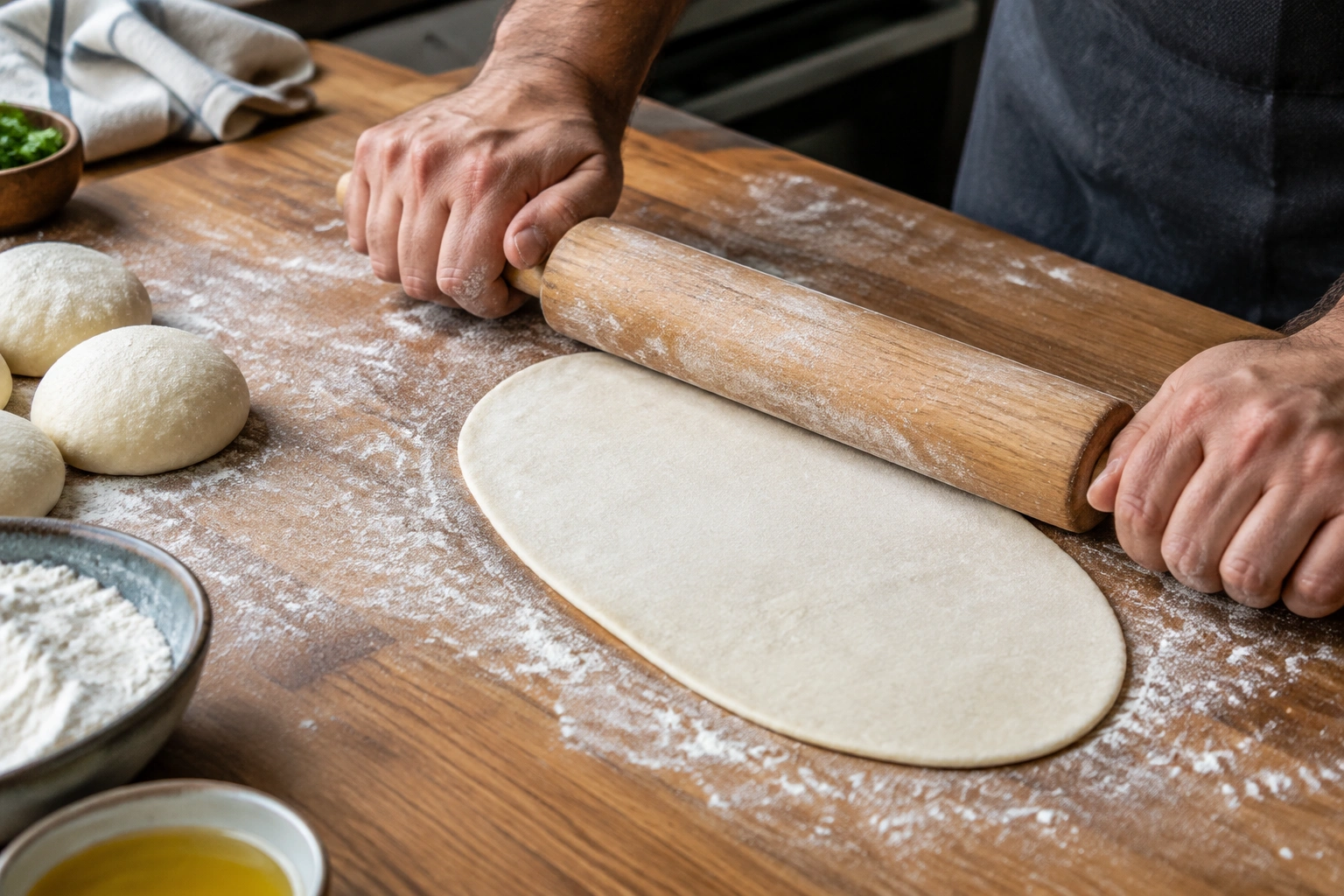 Hands rolling naan dough into an oval on a lightly floured board