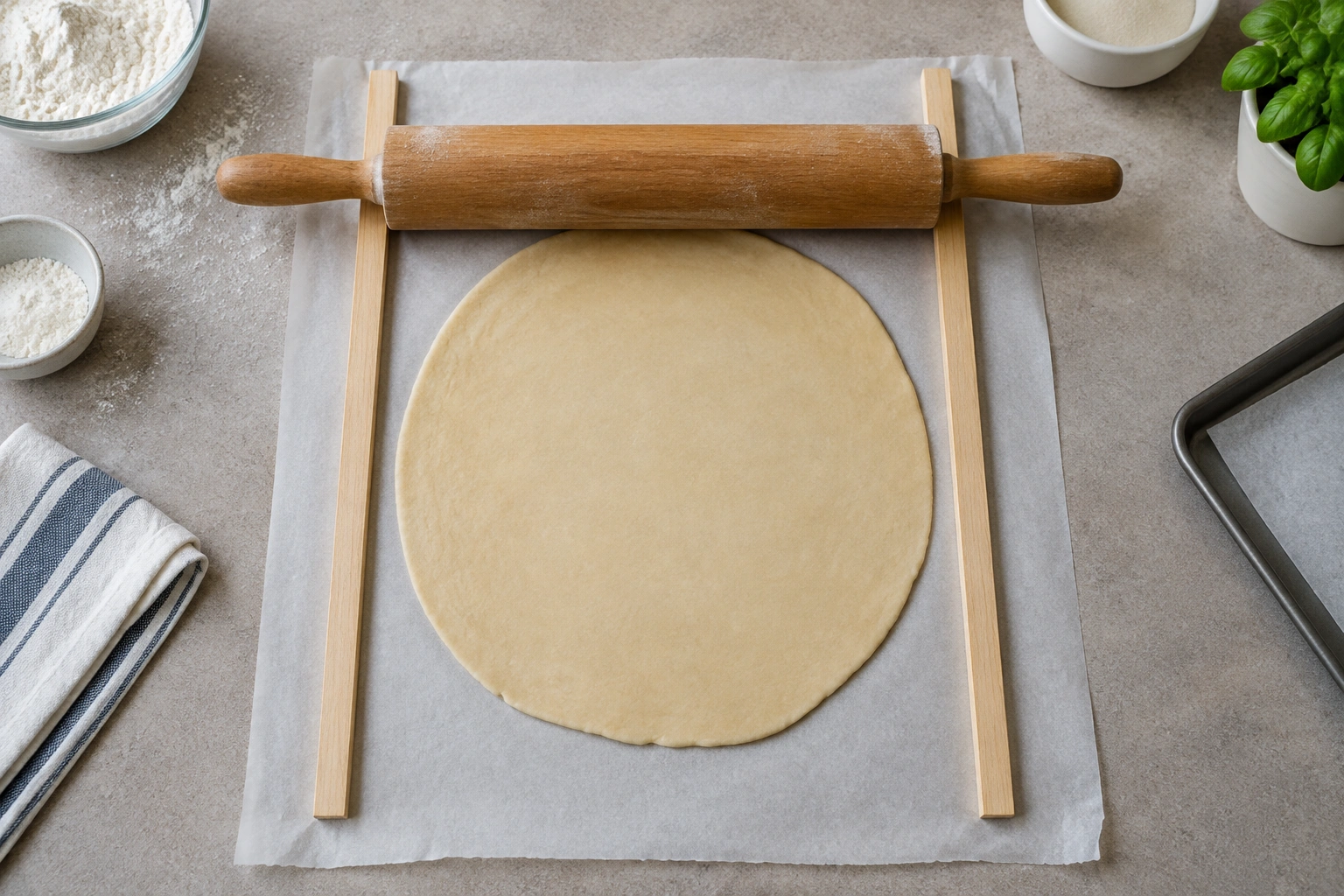 Dough rolled between parchment sheets with guide sticks on each side