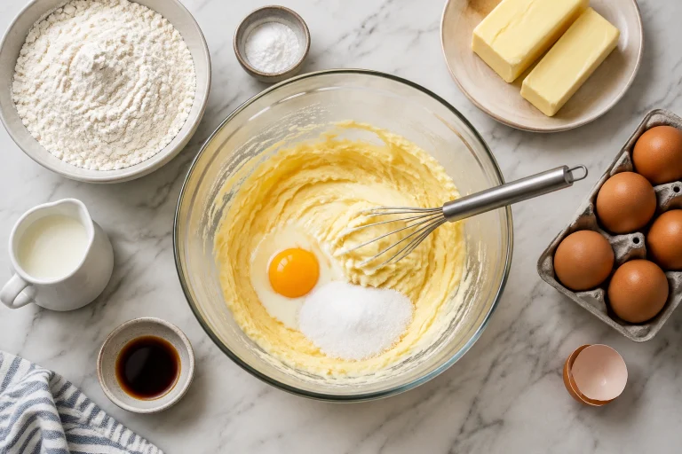 Bowl of cake batter ingredients prepared for baking on a counter