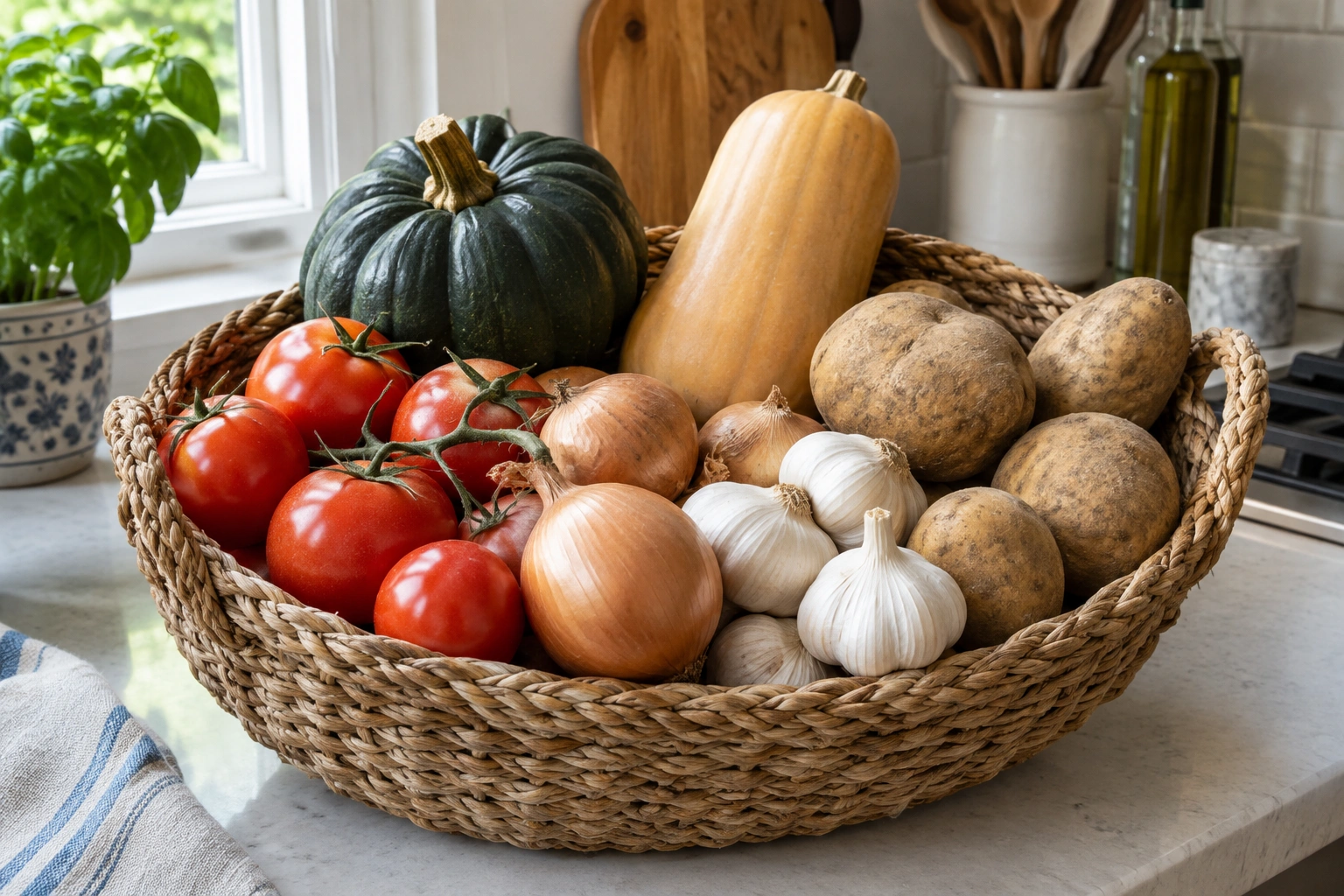 Basket of tomatoes, onions, garlic, potatoes, and winter squash on a kitchen counter