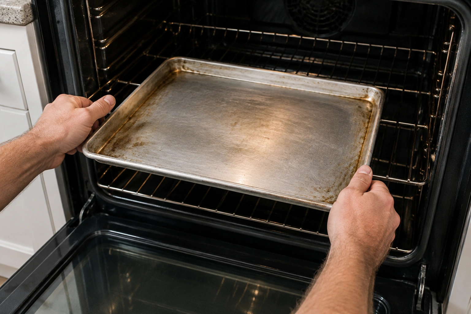 Overhead view of a baking sheet being rotated 180 degrees on an oven rack.