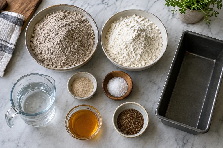 Rye flour, bread flour, yeast, salt, water, honey, and caraway seeds arranged on a countertop
