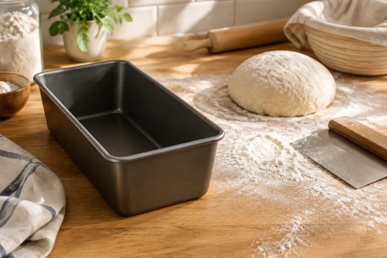 Loaf pan and lightly floured work surface prepared for sandwich loaf shaping