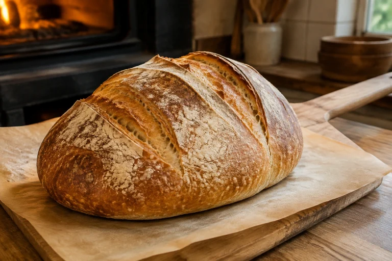 Scored artisan bread loaf on a baking peel