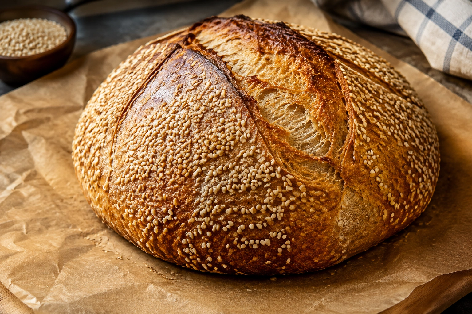 Close-up of a seeded bread loaf crust with sesame seeds