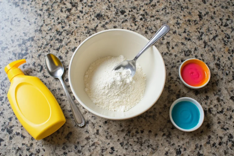 Mixing bowl with shampoo, cornstarch, spoon, and optional food coloring for a homemade slime craft